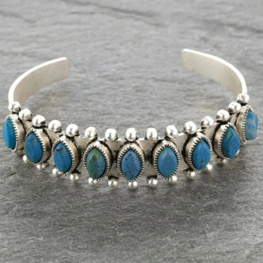 Turquoise Petite Point Cuff Bracelet Southwestern  Western Silver Gift Boho NWT